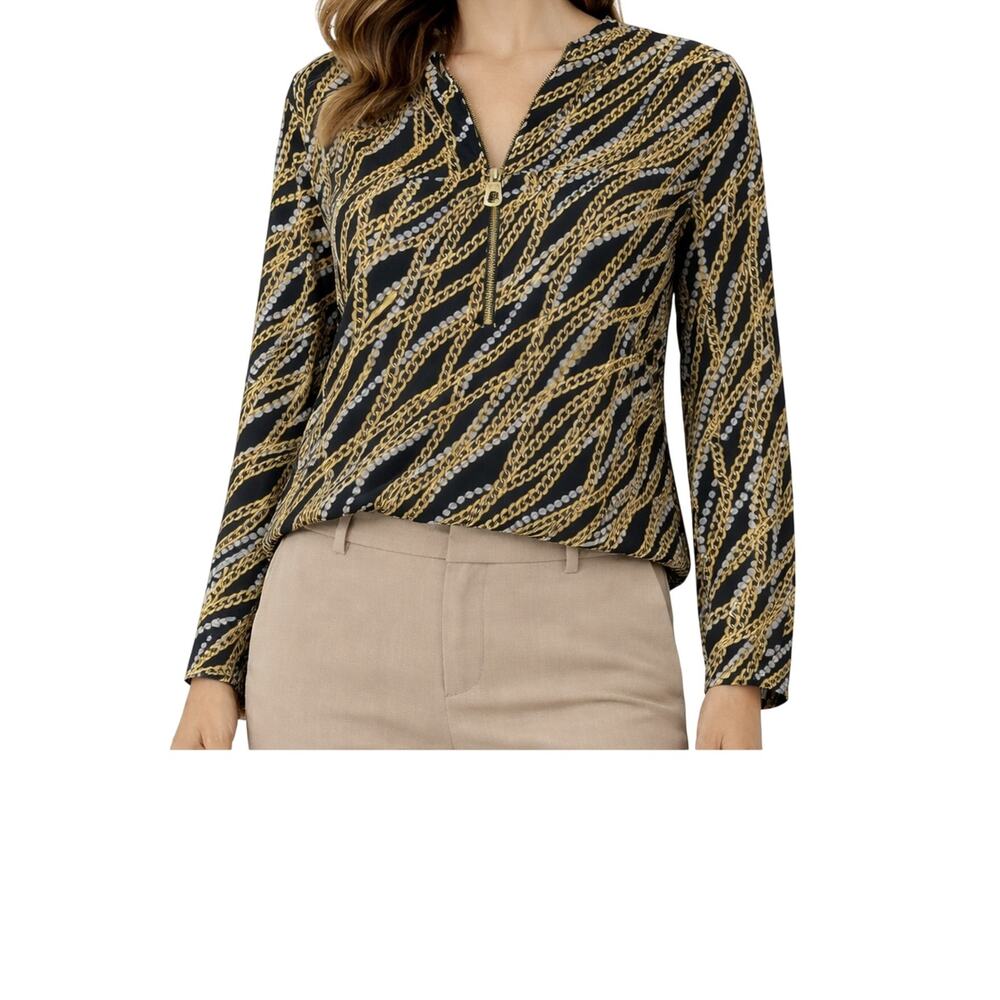 Michael Kors Top Womens Size XL Black Gold Chain Print Zip Neck Long Sleeve